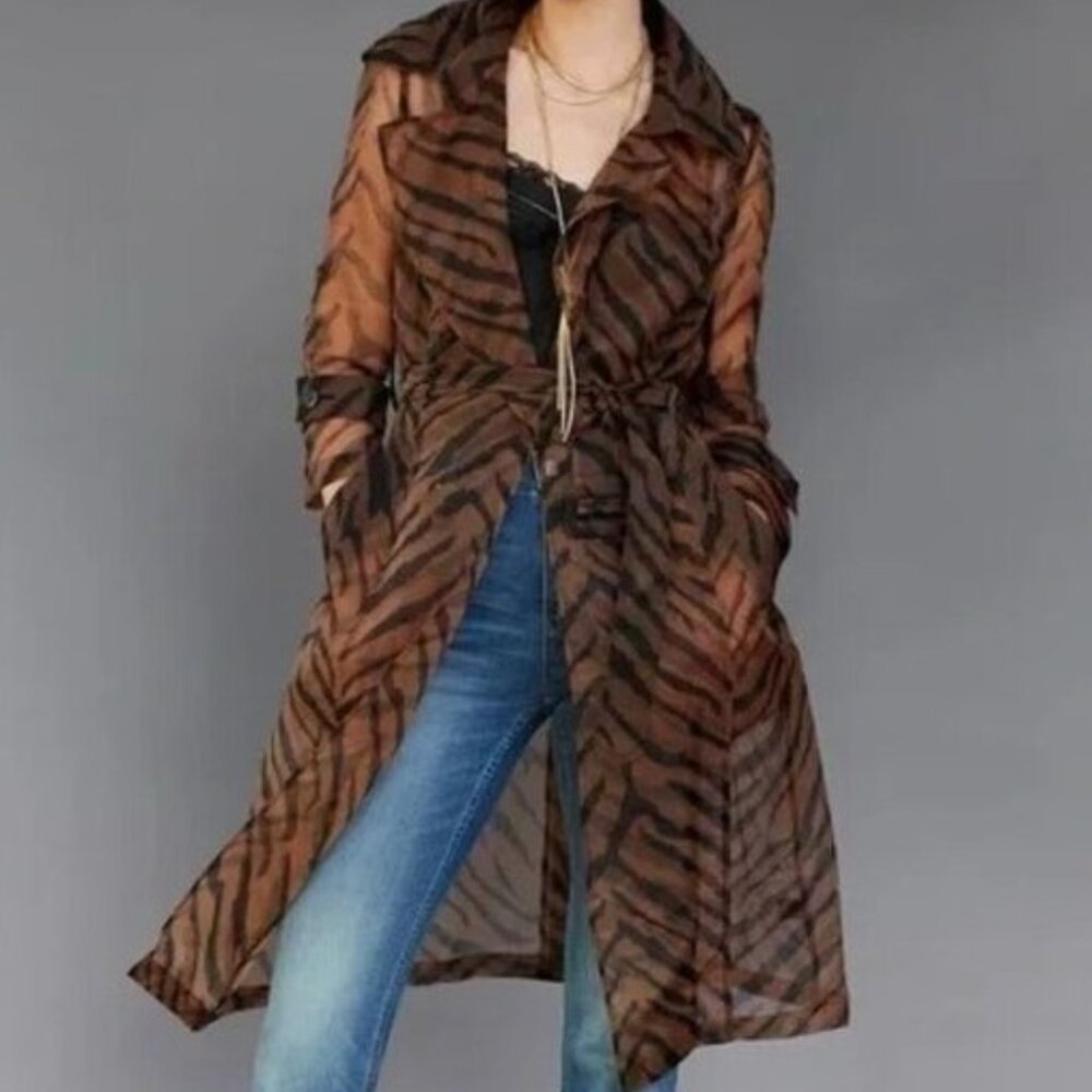 WHITE HOUSE BLACK MARKET TIGER PRINT ORGANZA BELTED TRENCH COAT TOPPER XSP